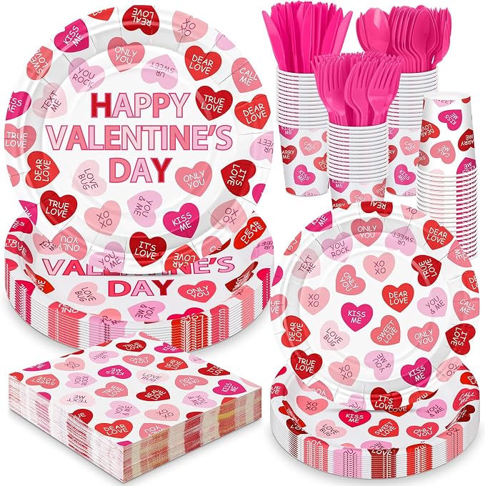 Layhit 350 Pcs Valentine's Day Tableware Sets Conversation Heart Paper Plates Valentines Plates Napkins Cups Disposable Pink Heart Candy Dinnerware for Valentine Weddings Birthday