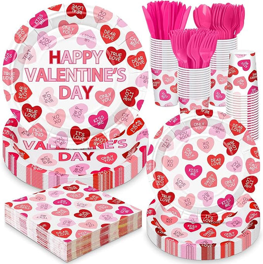 Layhit 350 Pcs Valentine's Day Tableware Sets Conversation Heart Paper Plates Valentines Plates Napkins Cups Disposable Pink Heart Candy Dinnerware for Valentine Weddings Birthday