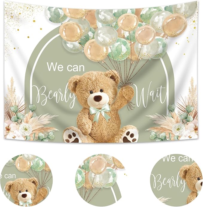 Bear Baby Shower Backdrop 7Wx5H Feet We Can Bearly Wait Green Brown Balloons Cartoon Kids Boys Pampas Grass Polyester Fabric Cute Photography Backgrounds Photo Shoot Decor Props Decoration
