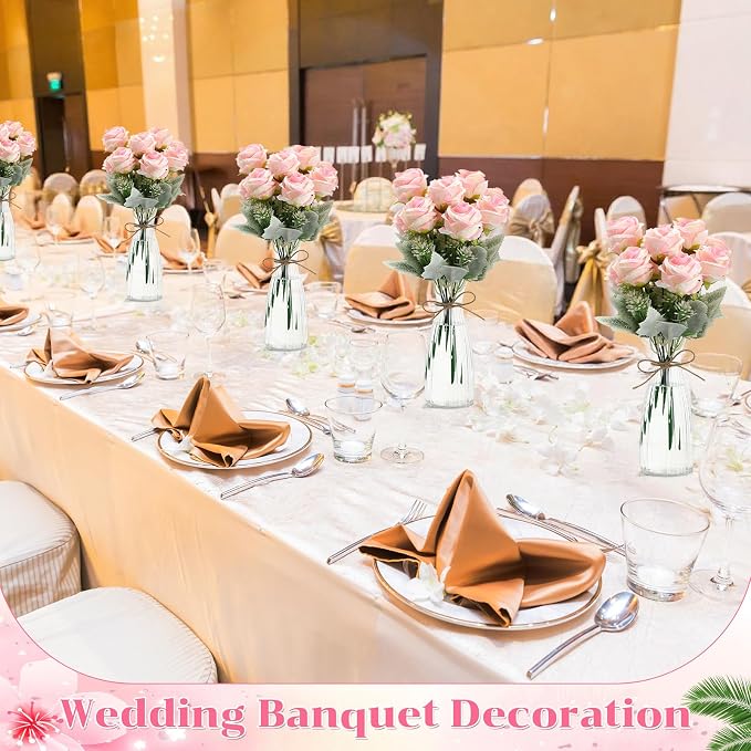 Zeyune 36 Pack Artificial Flowers Centerpiece with Vase Bulk for Wedding Table 24 Bundles Silk Floral Faux Rose Bouquet with 12 Plastic Vase for Bridal Shower Table Decor(Light Pink)