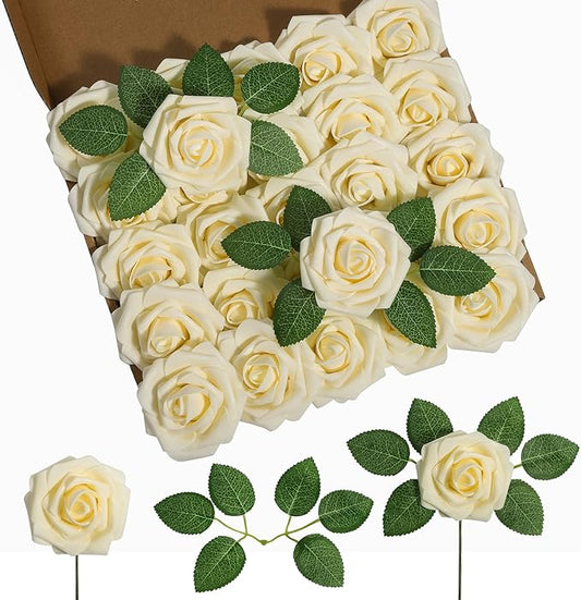 DuHouse 25Pcs Artificial Roses Flowers Fake Rose with Stems Real Touch Foam Flowers for DIY Wedding Bouquet Party Centerpiece Floral Arrangement Party Home Decor(Light Champagne)