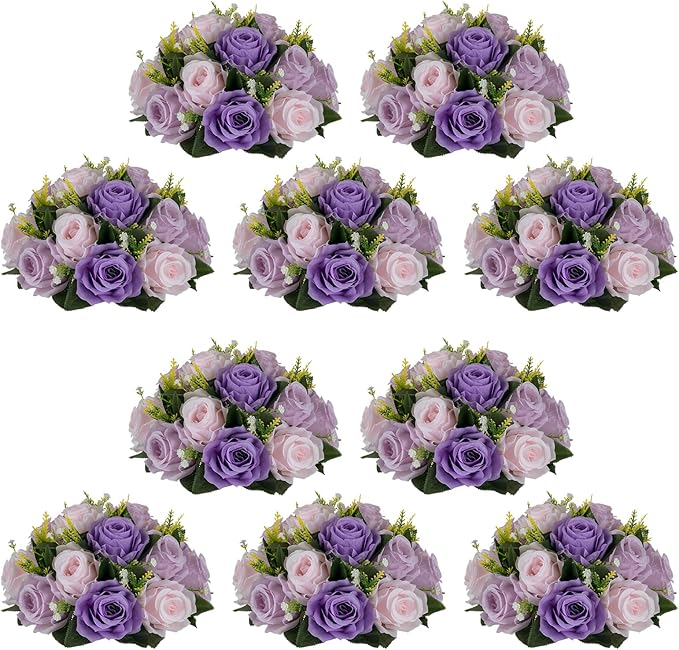 NUPTIO Artificial Flower Ball Centerpieces: 10 Pcs Lilac & Purple & Pink Rose Arrangements for Wedding Party Tables - Faux Silk Floral DIY Kissing Balls for Home Event Dining Decorations