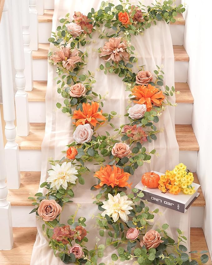 Waipfaru 6Ft Fall Garland Decor, 6Ft Eucalyptus Flower Garland for Table, Fall Floral Vines with Terracotta Flowers for Wedding Arch Backdrop Wall Thanksgiving Decorations (Terracotta)