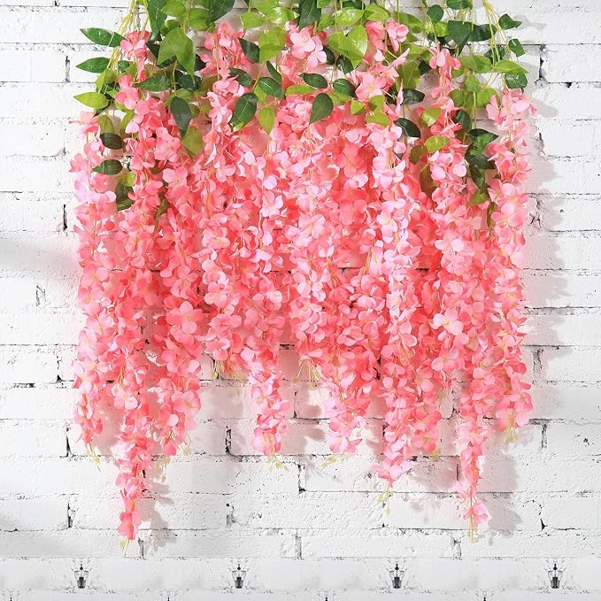 48Pcs Artificial Wisteria Hanging Flowers, 3.6Ft/Pcs Deep Pink Fake Wisteria Garland for Wedding Party Home Garden Indoor Outdoor Decoration