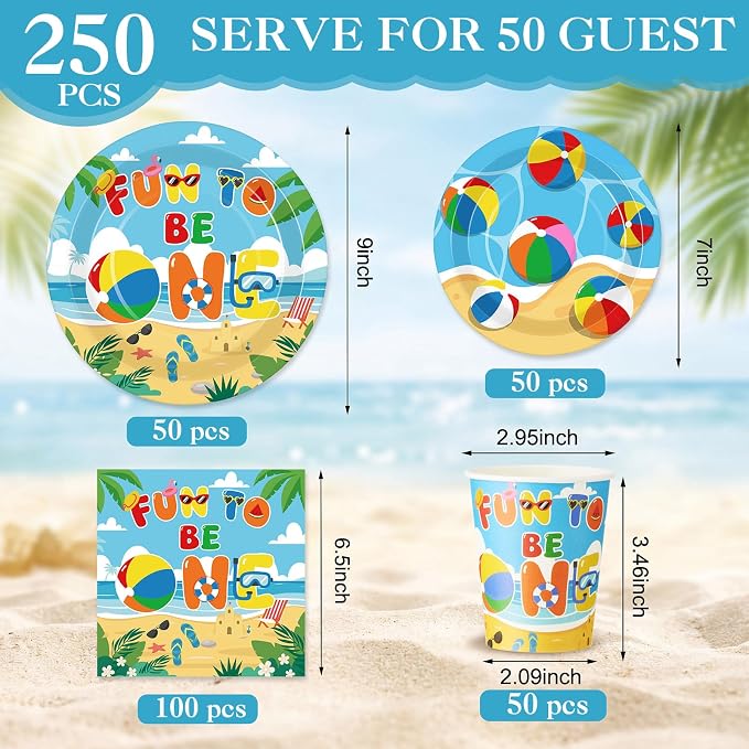 Pickmesh 250 Pcs Beach Ball Party Supplies Summer Beach Ball 1st Birthday Paper Plates Napkins and Cups Disposable Tableware Set Fun to Be One Party Decor for Hawaiian Pool First Birthday Serve 50
