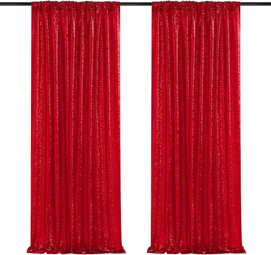Red Sequin Backdrop Curtains-2 Panels 2FTx8FT Red Backdrop for Valentines Day, Glitter Party Decorations Background Drapes for Wedding Birthday Anniversary Graduation Photo Booth Decor