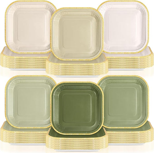 120 Pcs Sage Green Paper Plates 7 Inch Gradient Disposable Square Dessert Party Plates with Gold Edge for Birthday Wedding Bridal Baby Shower Party Supplies, 6 Colors
