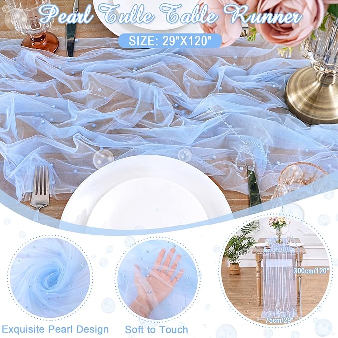 Pearl Table Runner Wedding Centerpieces: 10ft Pearl Table Decor 29x120 Inch Tulle Chiffon Fabric for Decor Birthday Party Dining Table Cover (Baby Blue)