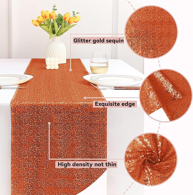Sugargirl 10 Packs 12 x 72 inches Sequin Table Runner, Glitter Orange Table Runner for Birthday Party Supplies Wedding Holiday Celebration Event Decorations