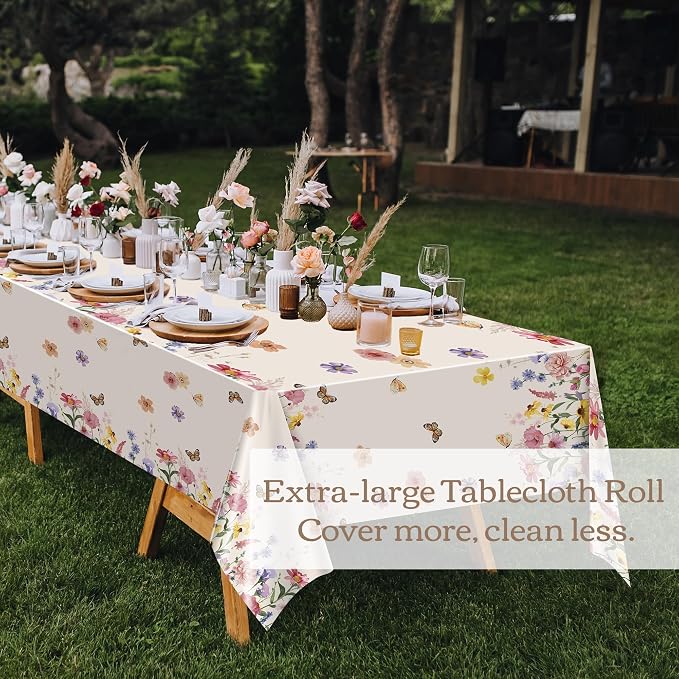Kochorie 100 Ft x 54 Inch Spring Floral Tablecloth Roll Plastic Flower Tablecloth Roll Wildflower Butterfly Disposable Table Cover for Spring Tea Party Supplies Birthday Wedding Party Decorations