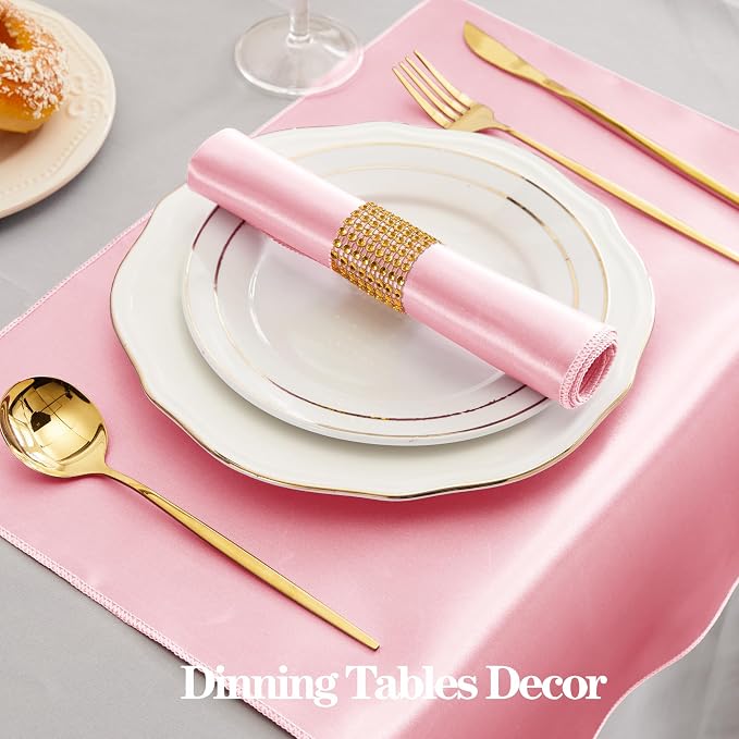 RUDONG M 100 Pcs Light Pink Satin Napkins and Napkin Rings Set, 17 x 17 Inch Square Cloth Napkins Set of 50, Silky Soft Table Napkins Bulk for Weddings, Banquet, Parties Dinner Decoration