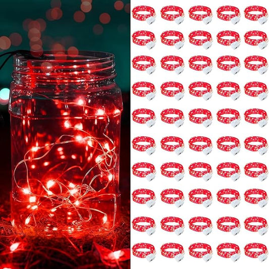 50 Pack Red Fairy Lights Battery Operated, 7ft 20 LED Mini String Twinkle Lights for Valentine's Day Easter Christmas Halloween Mason Jars Centerpiece Table Decorations (50, Red)