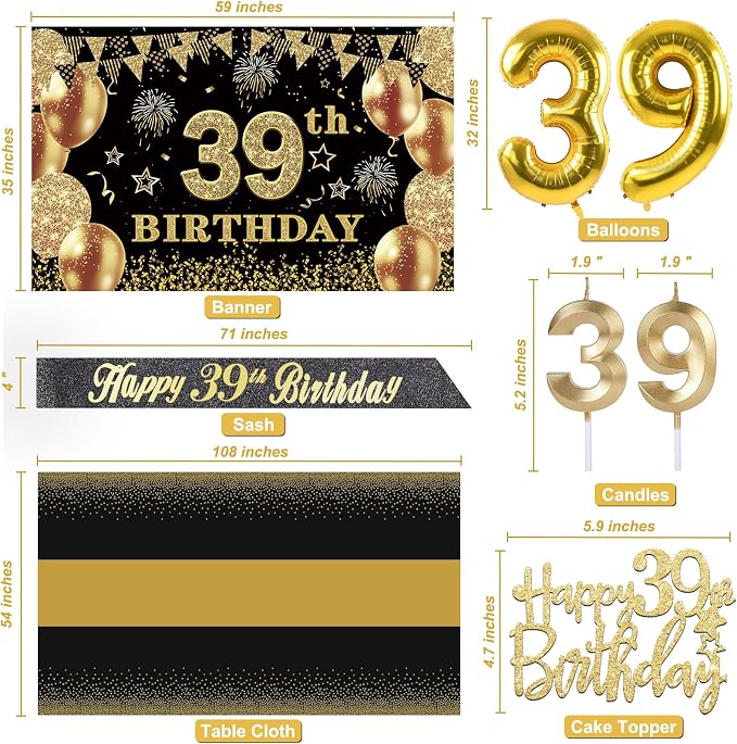 39th Birthday Decorations Men Women with 39th Birthday Banner, Black and Gold Table Cloth, Number Balloons, Large Sash, Cake Topper and Candles