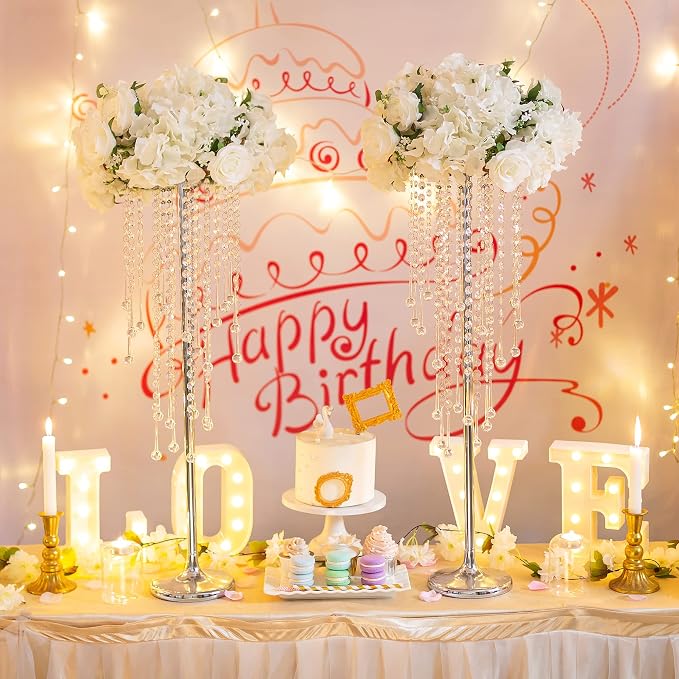 Silver Vases Wedding Centerpieces for Tables - 29.6" Tall Flower Vase with Chandelier Crystal, Centerpiece Table Decorations, Metal Flower Stand for Wedding, Reception, Party, Events, Home, 2 Pcs