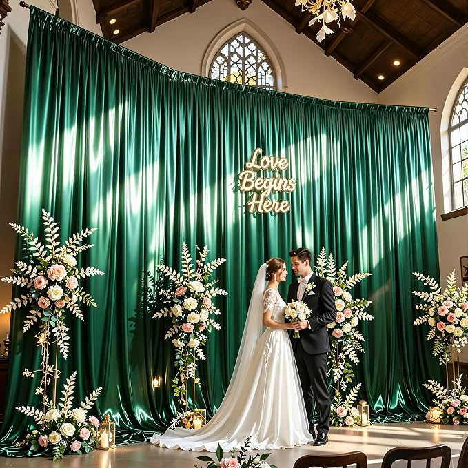 40x10ft Dark Green Glitter Backdrop Curtain for Parties, Wrinkle Free Satin Photo Backdrop Drapes 8 Panels 5x10FT Shimmer Back Drop Cloth for Wedding Birthday Baby Shower Photography Background Decor