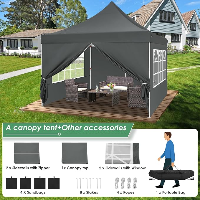 COBIZI 10x10 Pop Up Canopy with 4 Removable Sidewalls, Easy Set Up Canopy Tent, Waterproof Instant Party Tents for Weddings & Parties, UPF 50+ UV Protection, 3-Height Adjustable Frame,Grey
