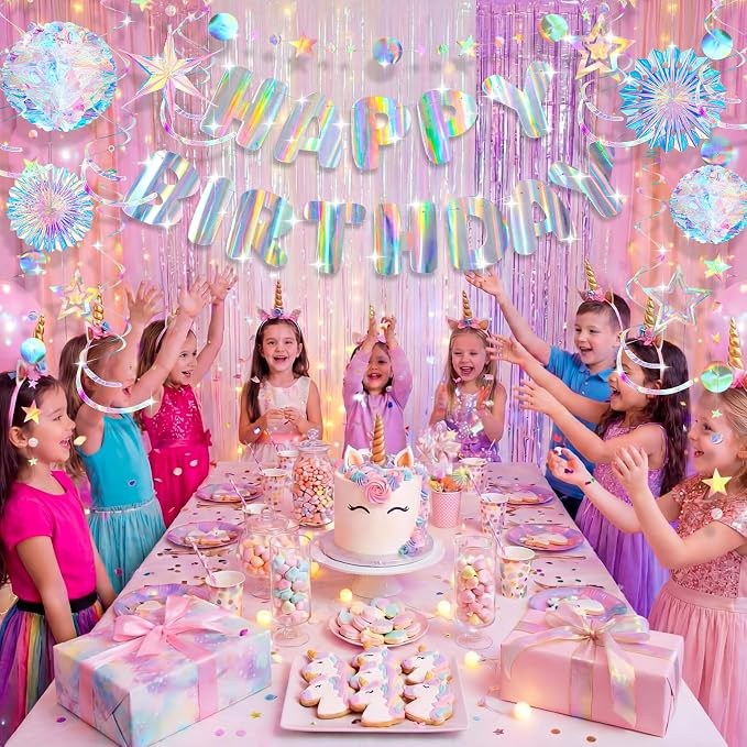 Knitgrip 23 Pcs Pre-strung Iridescent Birthday Party Decorations Aurora Holographic Party Decorations Include Disco Sparkly Happy Birthday Banner Hanging Honeycomb Ball Paper Fan Snowflake Star