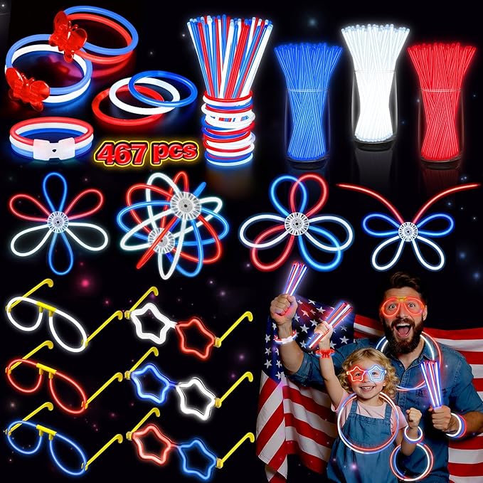 BUDI 467Pcs 4th of July Accessories Glow Sticks: Red White Blue Glow in the Dark Patriotic Party Favors Necklace Bracelets Glasses for Kids Adults 210 GlowSticks 8“ with 257 Connectors Light Up Toys