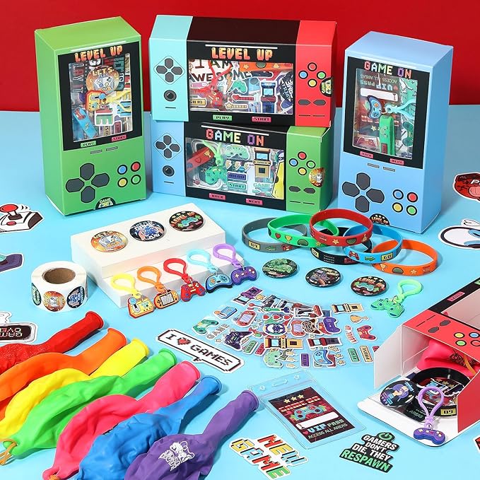 243 Pcs Video Game Party Favors for Kids Gamer Goodie Bag Stuffers Gaming Birthday Party Supplies with Gift Boxes, VIP Pass, Balloons, Bracelets, Keychains, Badges, 3D Stickers (Colorful)