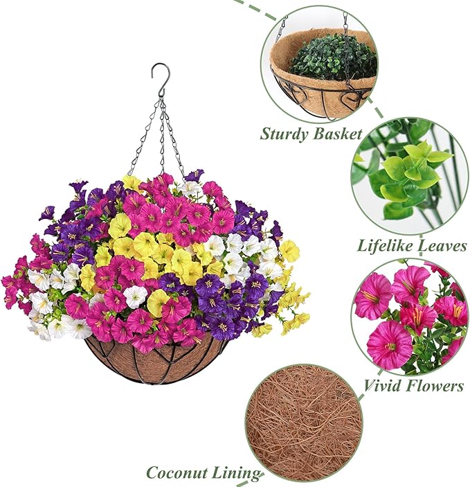 KHOYIME Artificial Hanging Flowers Plants Basket for Outdoors Indoor, 2 Set Faux Silk White Yellow Purple Fuchsia Morning Glory Fake Eucalyptus Planters UV Resistant Spring Summer Home Garden Decor