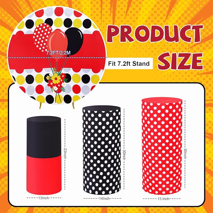 146 Pcs Cartoon Mouse Arch Backdrop Cover Cylinder Stand Covers balloons set for party Photo Props 7.2 feet Polka Round Backdrop Covers for Birthday Baby Shower Ceremony Party Decor