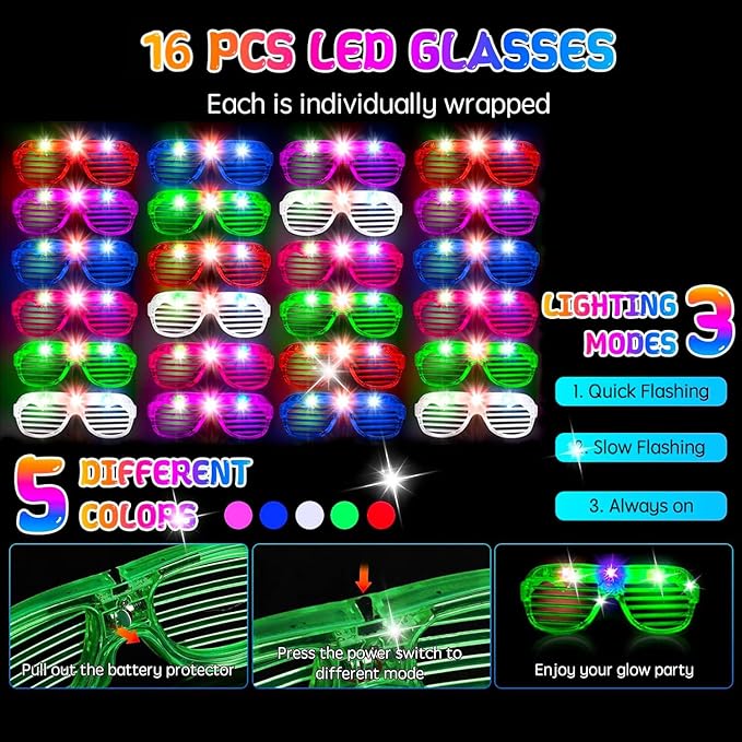 248PCS Glow in the Dark Party Supplies, Party Pack Bulk , 16PCS Foam Glow Sticks & LED Glasses, 16PCS LED Light Up Rings and 200PCS Glow Sticks for Neon Party Decorations, halloween party favors