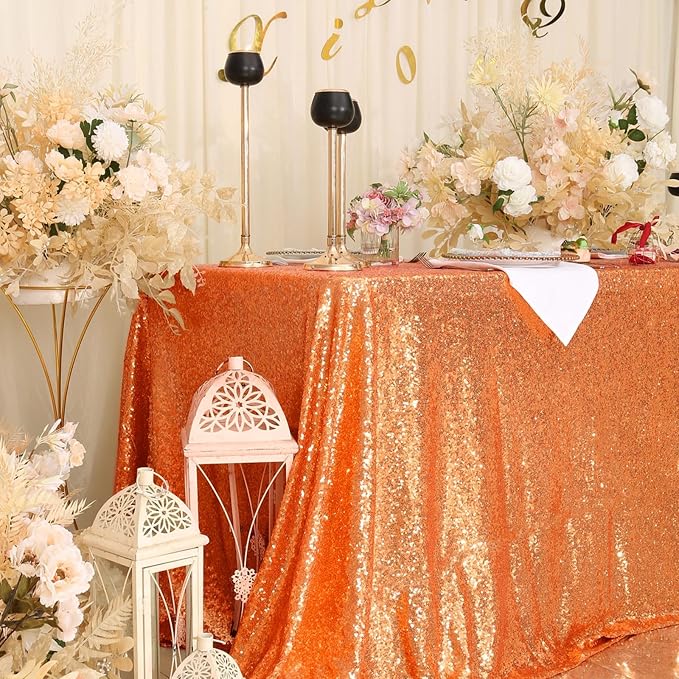 Eternal Beauty Orange Tablecloth, 50x50 Inch Sequin Square Table Cover for Cake Dessert Exhibition Party Birthday Events