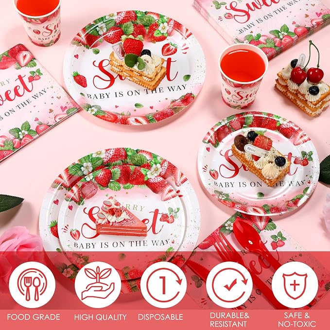Dandat 350 Pcs Baby Shower Plates Set Baby Shower Party Supplies Serves 50 Tableware Sets Include Plates Napkin Cup Forks Knives Spoons Disposable Dinnerware(Strawberry,Red)