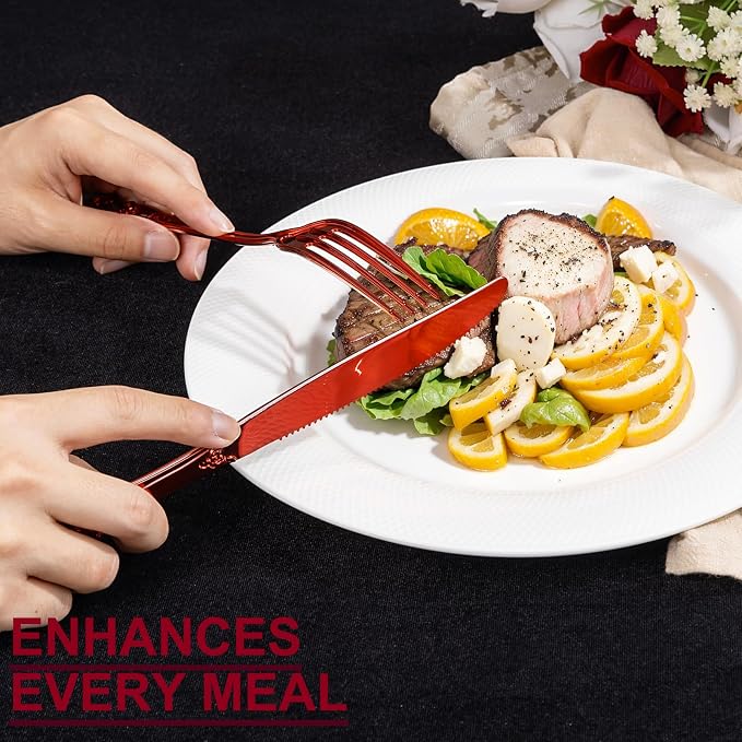 150PCS Red Plastic Silverware - Elegant Disposable Utensils - Heavy Duty Vintage Red Cutlery Sets Includes 50Forks, 50Spoons, 50Knives for Catering Dinner Party Wedding