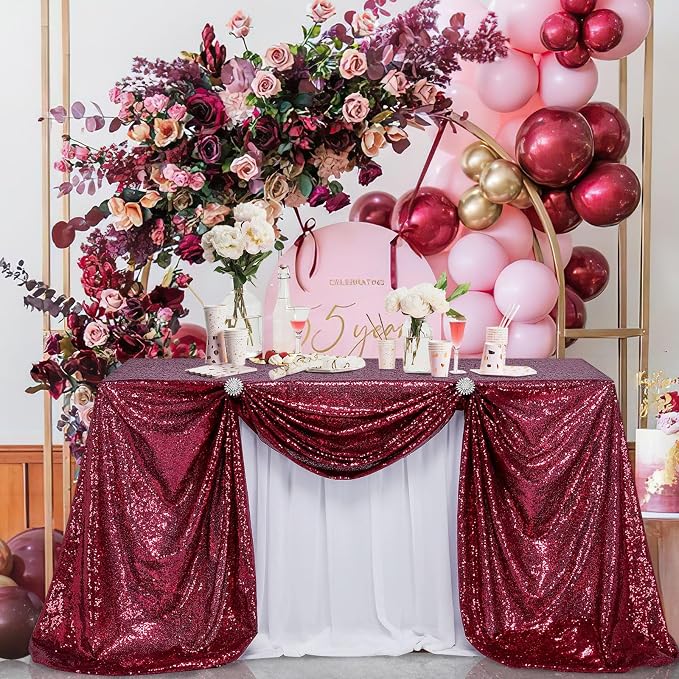 B-COOL Sequin Tablecloth Bling Party Wedding Tablecloths for Rectangular & Round Table Sparkle Sequence Table Skirts Cloths Home Kitchen Dinner Christmas New Year Parties Burgundy 90x132 Inch