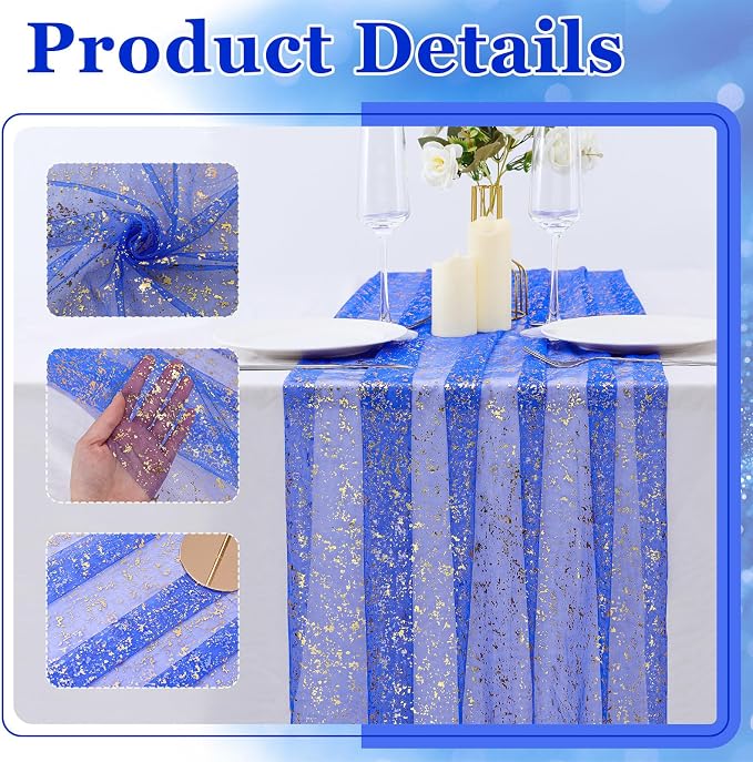 BINBE 1PCS Dark Bule Table Runner 10Ft Sheer Chiffon Fabric Cheesecloth Sequin Glitter Table Runner for Wedding Birthday Party Decor