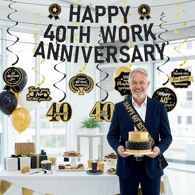 11pcs 40 Year Work Anniversary Decorations Black Gold Happy 40th Work Anniversary Banner Hanging Swirls Employee Appreciation Decorations Supplies 40 Year Workiversary Gifts for Employee Worker
