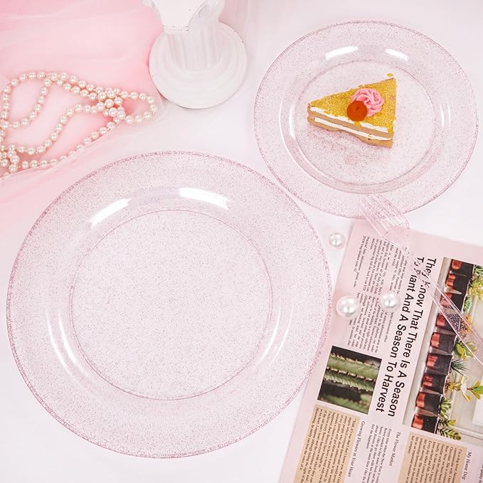 WDF 120pcs Pink Plastic Plates Disposable - Clear Pink Glitter Plates including 60PCS Dinner Plates 10.25inch and 60PCS Salad Plates 7.5inch for Wedding Baby Shower Spring Birthday