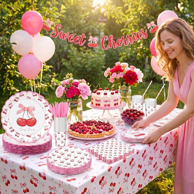 Vesici 452 Pcs Cherry Birthday Party Supplies Pink Cherry Bow Disposable Tableware Set Includes Plates Cups Napkins Tablecloth and Cutlery for Girls Baby Shower Bridal Shower Wedding, Serve 50 Guests