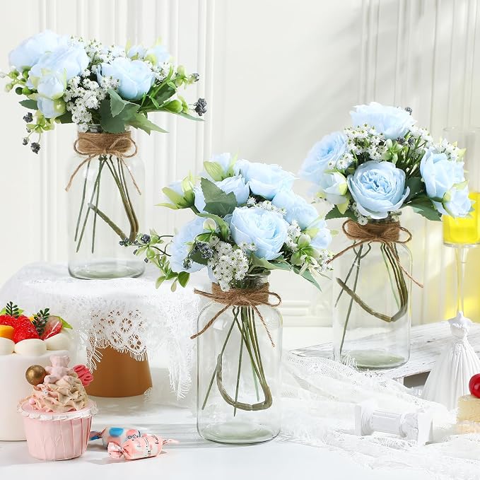 Zeyune 6 Sets Mason Jar Table Centerpiece with Artificial Peony Baby's Breath Flower Centerpieces Faux Flowers with Rope for Wedding Reception Engagement Bridal Shower Rustic Table Decor(Blue)
