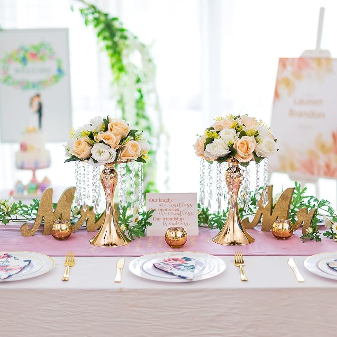 Gold Vase Stand Table: 10.2in Wedding Centerpieces, Set of 2 | High End Crystal Design Vase Stand for Wedding Party Reception Birthday Event Home, Tall Table Center Piece