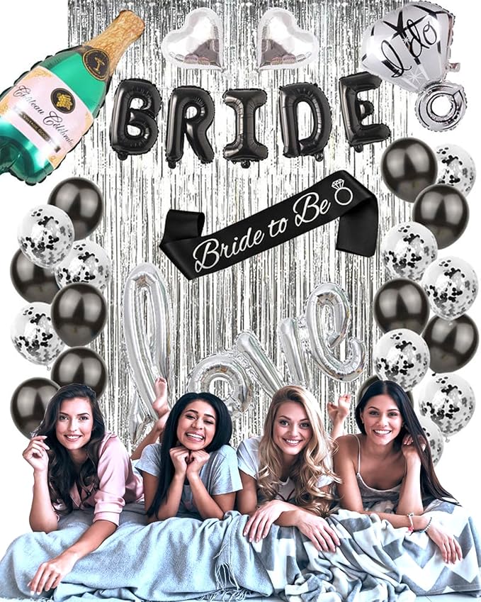 Bachelorettesy 28pc Bachelorette Party Decorations Kit for Bride to Be, Bridal Shower Decorations, Engagement Party – Balloons, Sash, Foil Backdrop Curtain (Black)