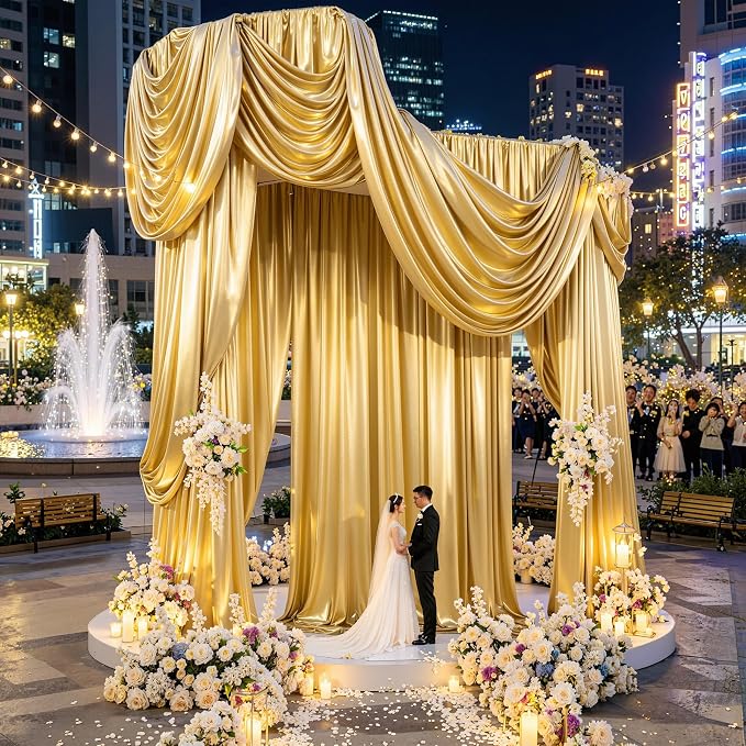 50x20ft Gold Ceiling Drapes, 10 Panels 20ft Height Wrinkle-Free Shimmer Tent Draping Curtains for Wedding Party Tent Canopy Arch Backdrop Decorations