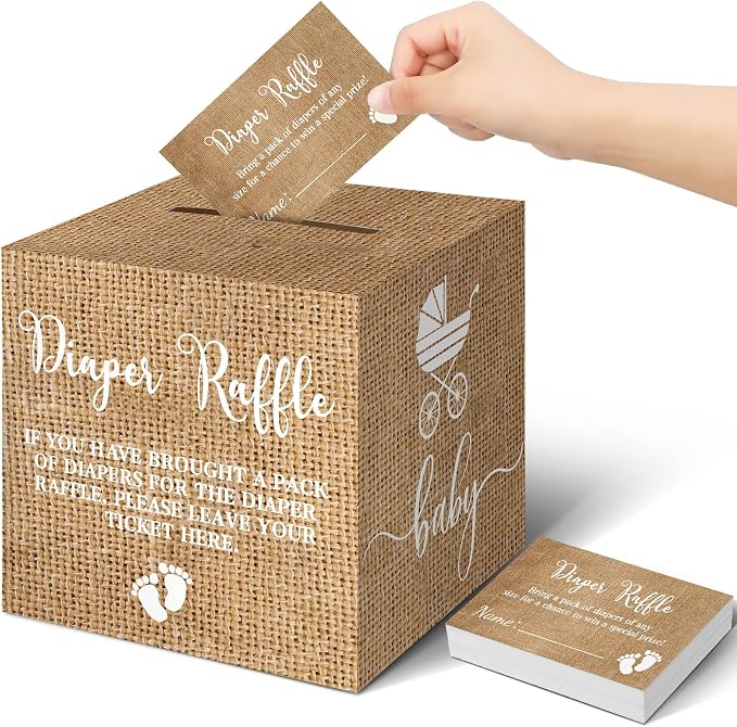 Teling 51 Pieces Diaper Raffle Tickets with Card Box Baby Shower Decorations Baby Shower Holder Box for Girl Boy Diaper Raffle Party(Burlap Grain Print)