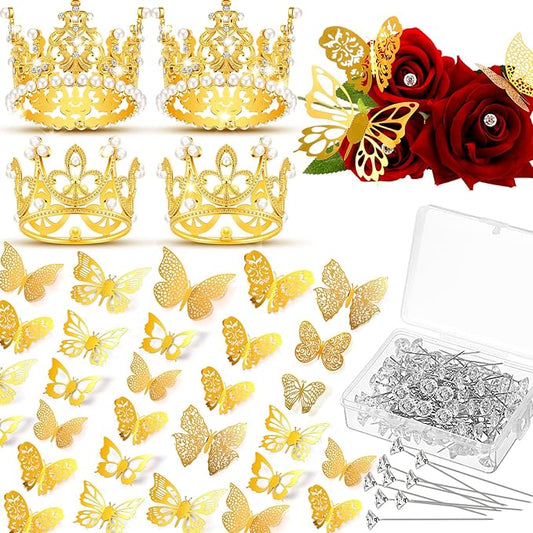 200 Pcs Flower Bouquet Accessories 100 Corsage Bouquet Pins 96 3D Butterfly Wall Decor Bulk and 4 Crown Cake Topper Pearl Pins Floral Arrangement for Festival Wedding Birthday Party (Gold)