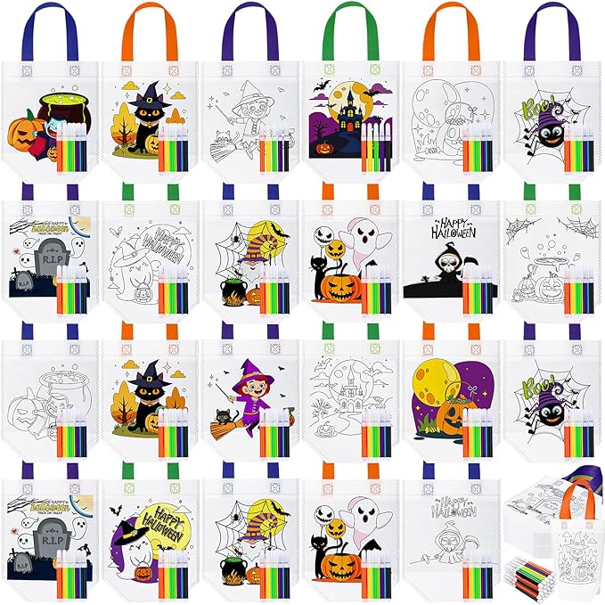 Chunful 24 Pcs Coloring Goodie Gift Bags for Kids Birthday Party Reusable Coloring Tote Bags Cute Cartoon Colorful Party Favor Non Woven with Colorful Pens DIY Crafts (Halloween)