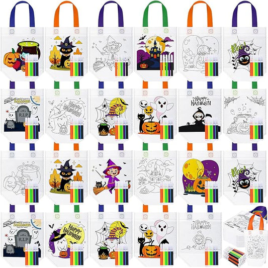 Chunful 24 Pcs Coloring Goodie Gift Bags for Kids Birthday Party Reusable Coloring Tote Bags Cute Cartoon Colorful Party Favor Non Woven with Colorful Pens DIY Crafts (Halloween)
