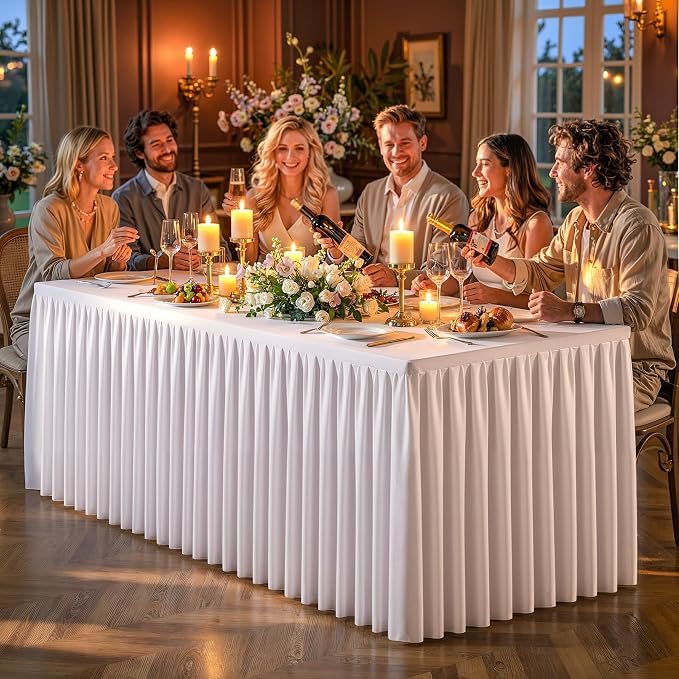 White Polyester Table Cloths for Rectangle 8 Foot Tables, 1 Pack Wrinkle Free Tablecloths Stretchy Banquet Ruffle Fitted Table Cover Desk Skirt for Parties Wedding Birthday Baby Shower