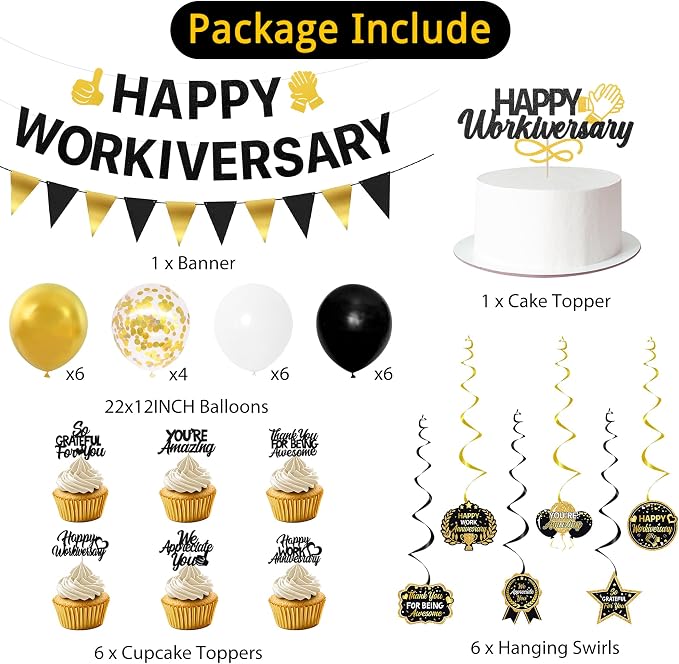 Roetyce Work Anniversary Party Decorations, Black Gold Happy Workiversary Banner Cake Topper Balloons Hanging Swirls, Work Anniversary Backdrop Background for Employee Coworker Office Party Supplies