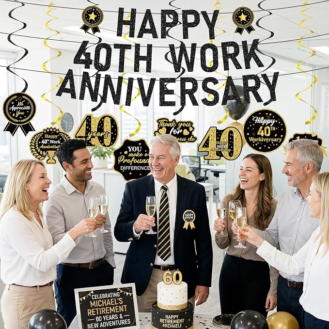 11pcs 40 Year Work Anniversary Decorations Black Gold Happy 40th Work Anniversary Banner Hanging Swirls Employee Appreciation Decorations Supplies 40 Year Workiversary Gifts for Employee Worker
