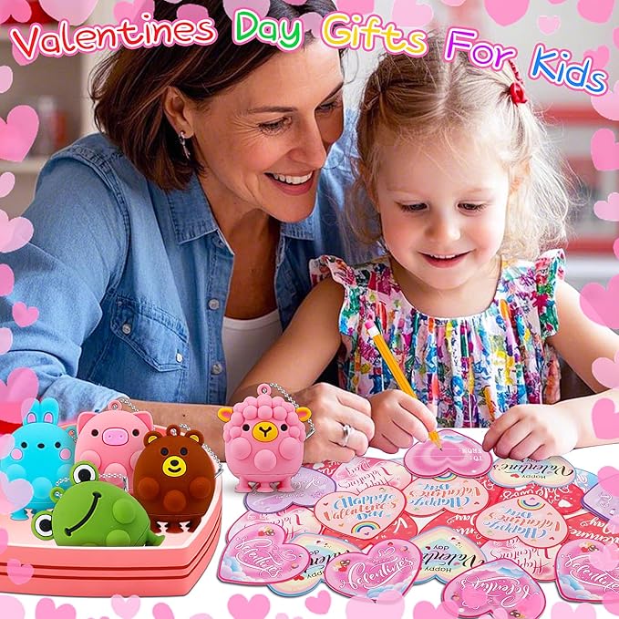 Valentines Day Cards for Kids School , 24PCS Animal Pop Suction Toys with Valentines Cards for Kids Classroom, Valentines Party Favors for Boys Girls