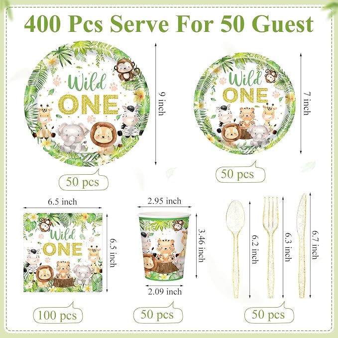 Funnymoom 400 Pcs Wild One Birthday Party Supplies for 50 Guests 1st First Safari Jungle Baby Shower Disposable Plate Napkin Cup Spoon Fork Knives for Boys Animal Party Decoration