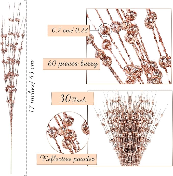 Geosar 30 Pcs Artificial Glitter Berry Stem Decorations 17 Inch Faux Stick Floral Pick Centerpiece Bouquet Flower Bead Twigs for Centerpiece Tree Wreath Ornaments Home(Rose Gold)