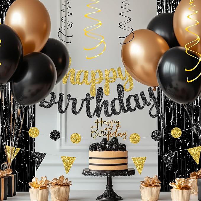 Black and Gold Birthday Party Decorations Set - Happy Birthday Banner Balloons Foil Curtains Hanging Swirls for Men Women Birthday Party Supplies