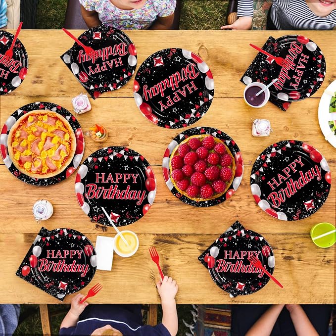 Grencian 96Pcs Red and Black Birthday Party Decorations Red and Black Plates and Napkins Disposable Happy Birthday Tableware Set for Men Women Birthday Party Supplies, Serves 24